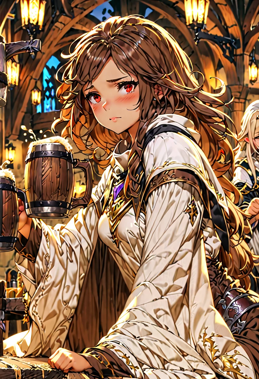 Adult female, average Height, very short brown nair, red eyes, cleric, black on white cleric robes, blushing, tsundere, sad, drunk, drinking from tankard, sitting, fantasy tavern, highly detailed, good detail, best detail, high quality, perfect eyes, looking away, perfect face