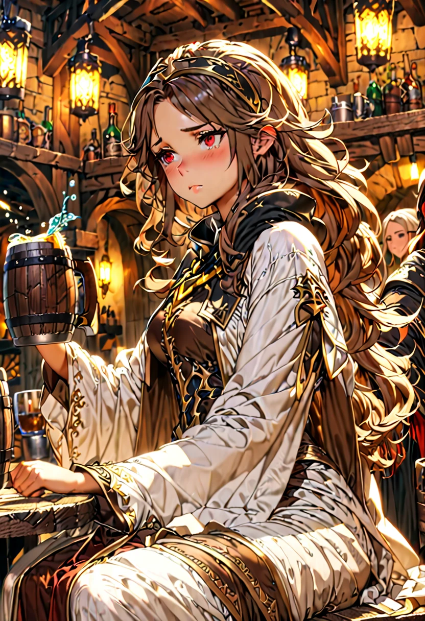 Adult female, average Height, very short brown nair, red eyes, cleric, black on white cleric robes, blushing, tsundere, sad, drunk, drinking from tankard, sitting, fantasy tavern, highly detailed, good detail, best detail, high quality, perfect eyes, looking away, perfect face