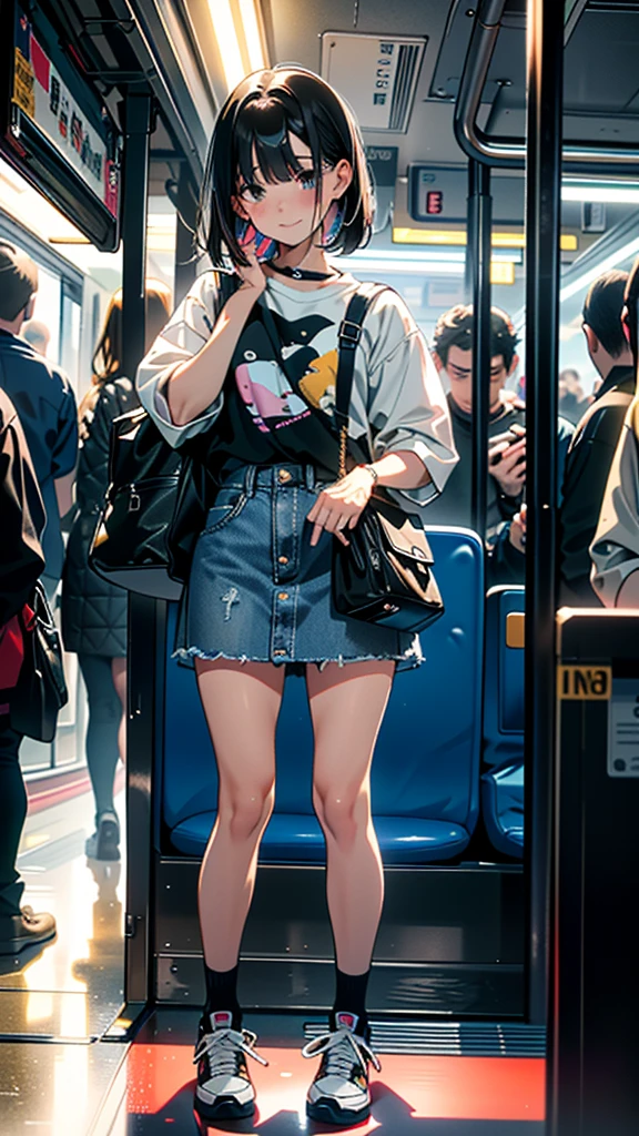 (8K, RAW Photos, 最high quality, masterpiece:1.2), high qualityのRAWカラー写真, Professional photo shoot, Cinematic Light, alone, (((young woman, Gal))), (Sharp features), (Small face), (Skin with attention to detail:1.2), clavicle, Cute face, Beautiful appearance, Long eyelashes,Girl Turning Around, smile, (Black Hair, Long straight line),  Jersey, Denim mini skirt, sneakers, Backpack,  Night Park, Confident attitude, Capture the happy moment, Artistic painting,Attractive thighs, (A very fine touch:1.2), (Troubled face), Peaceful atmosphere, Oil painting style, Bright colors, (Are standing:1.5, Inside a crowded train, Full body portrait), Smooth texture, Gazing Eyes, Beautiful Skin, Shiny skin, ((Perfect Fingers, Five Fingers, Anatomically correct)), Background Blur, high quality, Surreal, ((Very detailed, photo shoot)),A large number of people、blush、plump、Surrounded by middle-aged men、Troubled expression