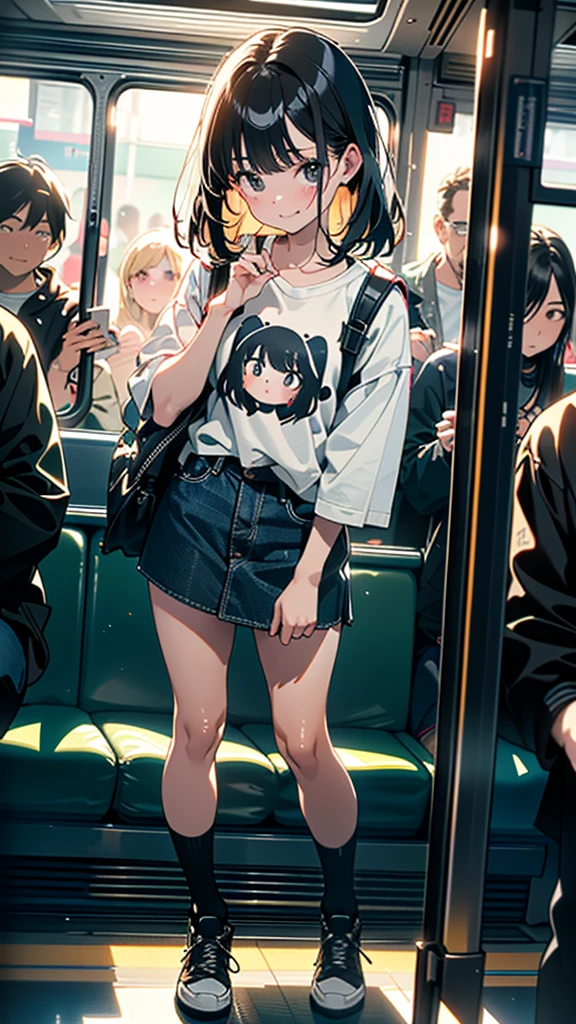 (8K, RAW Photos, 最high quality, masterpiece:1.2), high qualityのRAWカラー写真, Professional photo shoot, Cinematic Light, alone, (((young woman, Gal))), (Sharp features), (Small face), (Skin with attention to detail:1.2), clavicle, Cute face, Beautiful appearance, Long eyelashes,Girl Turning Around, smile, (Black Hair, Long straight line), Jersey, Denim mini skirt, sneakers, Backpack, Night Park, Confident attitude, Capture the happy moment, Artistic painting,Attractive thighs, (A very fine touch:1.2), (Troubled face), Peaceful atmosphere, Oil painting style, Bright colors, (Are standing:1.5, Inside a crowded train, Full body portrait), Smooth texture, Gazing Eyes, Beautiful Skin, Shiny skin, ((Perfect Fingers, Five Fingers, Anatomically correct)), Background Blur, high quality, Surreal, ((Very detailed, photo shoot)),A large number of people、blush、plump、Surrounded by middle-aged men、Troubled expression