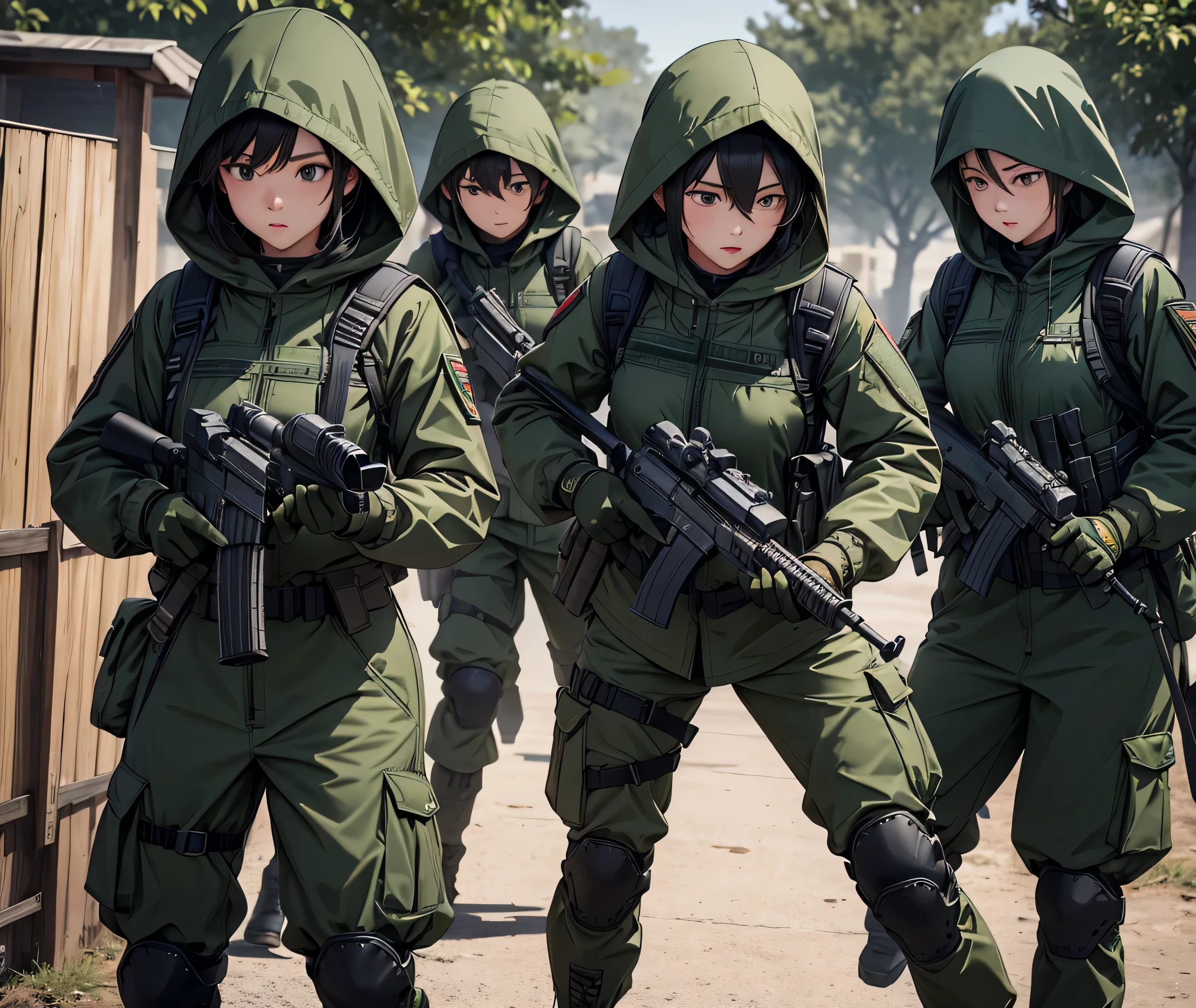 First-person shot、A group of female soldiers aiming forward and firing、Wearing dark green M-51 hooded military uniform、Hooded on head、Dark green military pants，Wearing a magazine pouch、Tactical harness、Knee pads、best quality、Highly detailed CG、8K picture quality