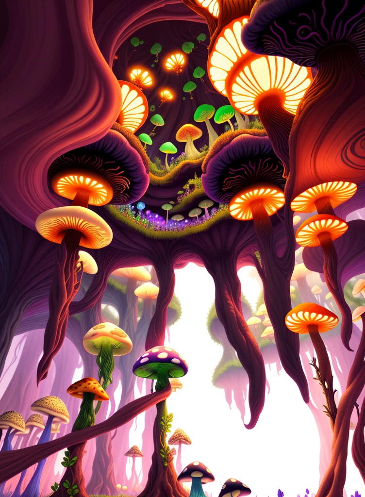 "Mushroom forest with glass goblet，Fractal Art，morning glory，Butterfly，lotus，Four Leaf Clover，morning glory，Cyber Mushroom Forest，Ultra-detailed digital fantasy art。There are mushrooms everywhere in the photo，Unique mushroom shape，Create a magical Casa scene。"