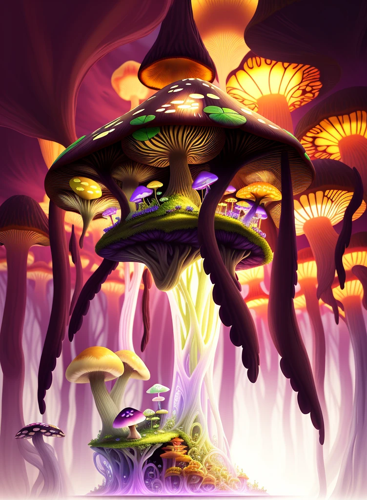 "Mushroom forest with glass goblet，Fractal Art，morning glory，Butterfly，lotus，Four Leaf Clover，morning glory，Cyber Mushroom Forest，Ultra-detailed digital fantasy art。There are mushrooms everywhere in the photo，Unique mushroom shape，Create a magical Casa scene。"