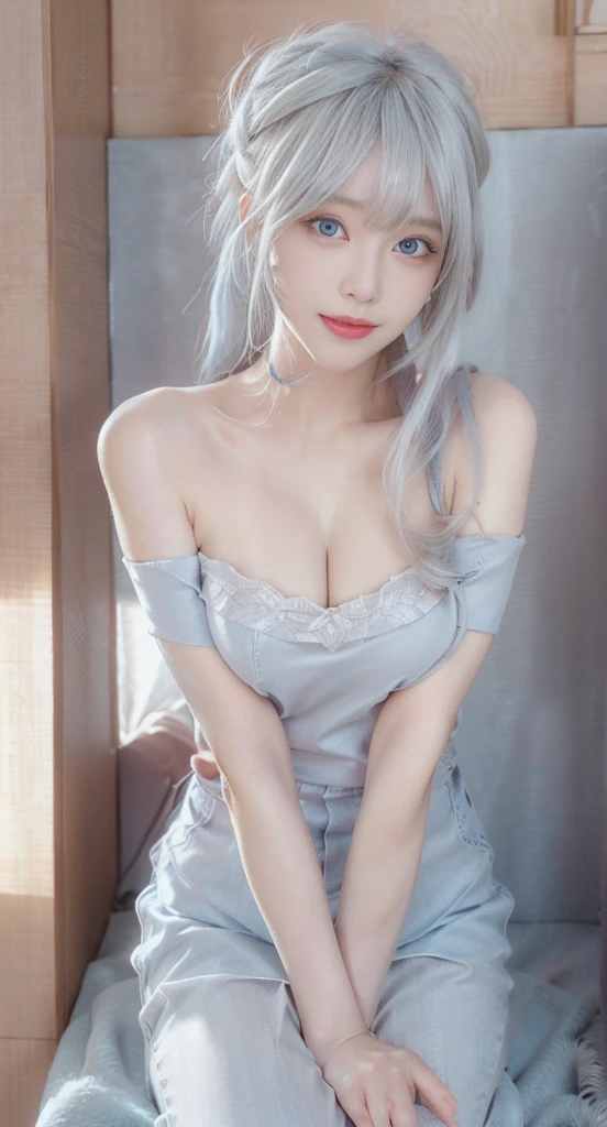 master piece , best quality , (matured female) , (wariza) , hand between legs , smile , full body, Shiny platinum blonde silk super long straight hair, beautiful shiny bangs, big clear sky blue eyes, very beautiful bright eye highlights, Embarrassing, Blushing, large breast, off shoulder