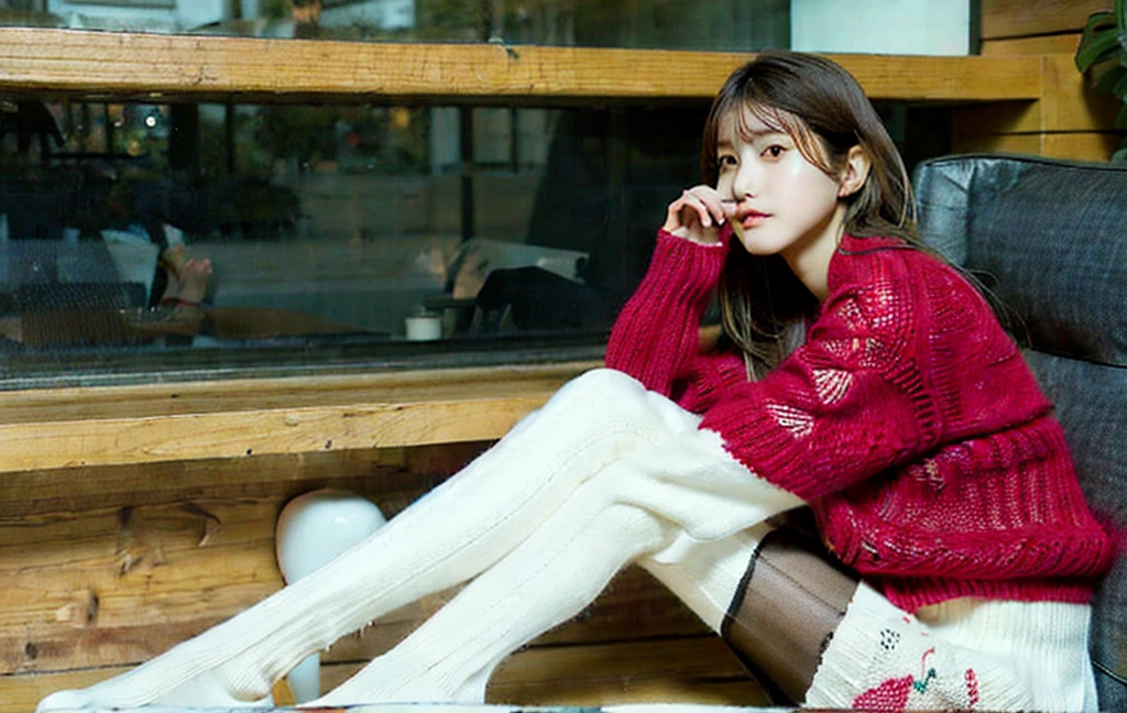 Highly detailed images、raw photo、Highly detailed skin、Realistic texture、Cross-legged drinking coffee、Japanese beauty、First year of high school、Beautiful feet、Black Pantyhose、Beautiful feet、Stylish cafe、Looking straight ahead、Winter outfit、Red mini skirt、White sweater、Beautiful face