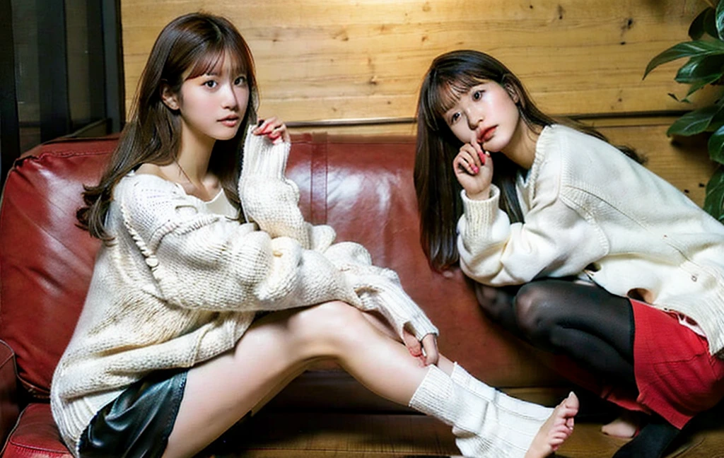 Highly detailed images、raw photo、Highly detailed skin、Realistic texture、Cross-legged drinking coffee、Japanese beauty、First year of high school、Beautiful feet、Black Pantyhose、Beautiful feet、Stylish cafe、Looking straight ahead、Winter outfit、Red mini skirt、White sweater、Beautiful face