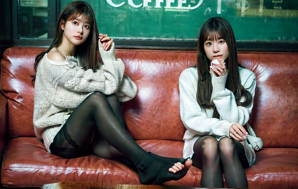 Highly detailed images、raw photo、Highly detailed skin、Realistic texture、Cross-legged drinking coffee、Japanese beauty、First year of high school、Beautiful feet、Black Pantyhose、Beautiful feet、Stylish cafe、Looking straight ahead、Winter outfit、Red mini skirt、White sweater、Beautiful face