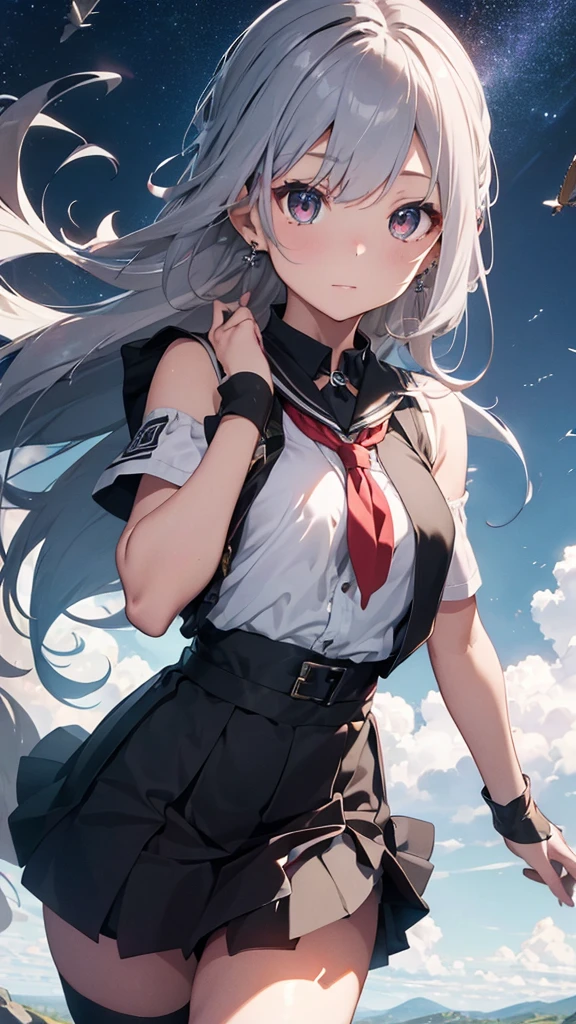 最high quality、best image quality、masterpiece、girl((20-year-old、 By becoming、vest bust、medium bust,wide open breast tea、shining eyes, silver hair、long hair、thin,highest valley、black student uniform、black short skirt、shoulder tattoo,diamond earrings、Wristband、black gloves)),high quality、beautiful art、background((School zone))、Flight、debris flies、Depth of written boundary、movie、visual art、perfect art、8K,genuine、Dynamic Performance