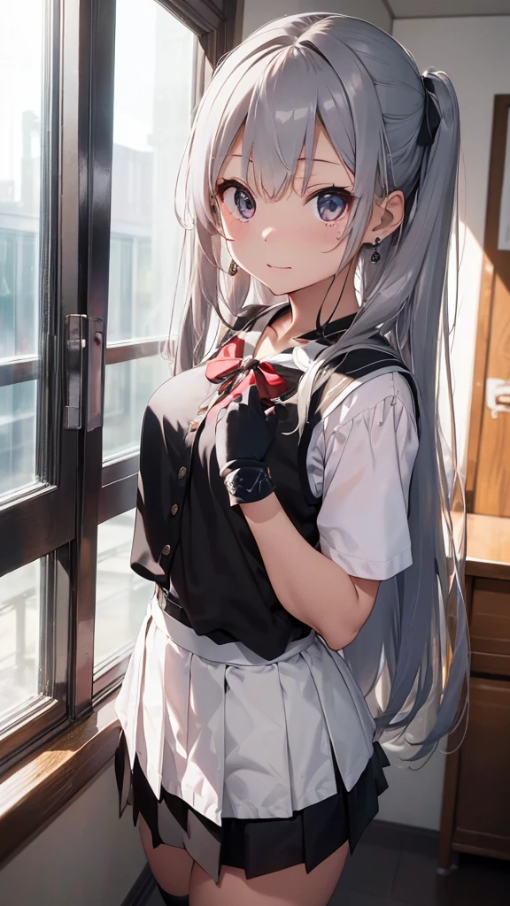 最high quality、best image quality、masterpiece、girl((20-year-old、 By becoming、vest bust、medium bust,wide open breast tea、shining eyes, silver hair、long hair、thin,highest valley、black student uniform、black short skirt、shoulder tattoo,diamond earrings、Wristband、black gloves)),high quality、beautiful art、background((School zone))、Flight、debris flies、Depth of written boundary、movie、visual art、perfect art、8K,genuine、Dynamic Performance