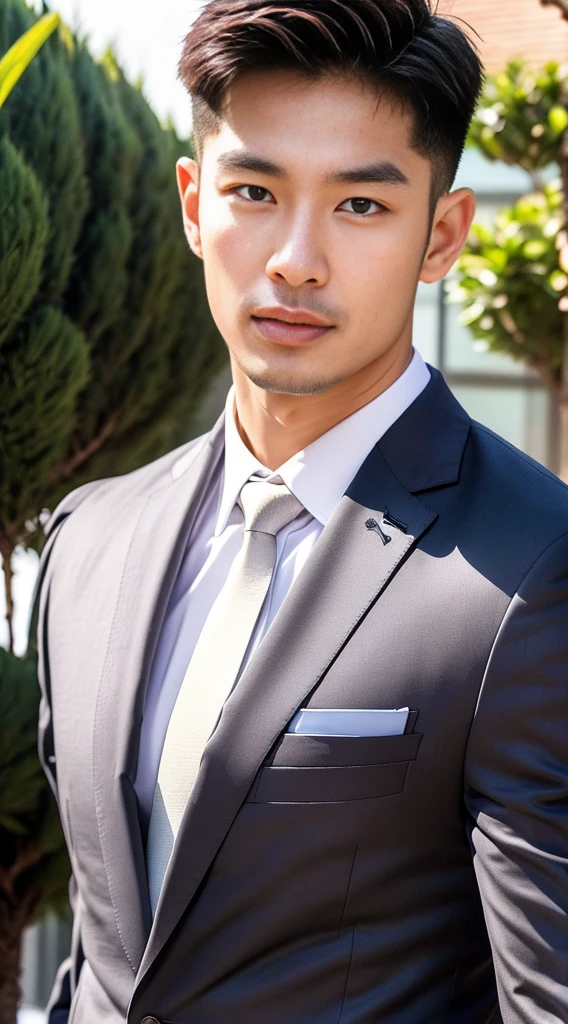(realistically, Masterpiece, High resolution 8K, good light quality, Portrait, closed on face, complicated details), The most handsome Korean uncle., Beard，Age 40, Staring at desire, detailed face, Detailed eyes, look at the sky, shirt, suit lac suit，tick,黑Eyes, (Pale skin), body standards,brown hair, smooth hair,Big Back， Outdoor activities, evening, sunset,office room, Exaggerated, impersonal