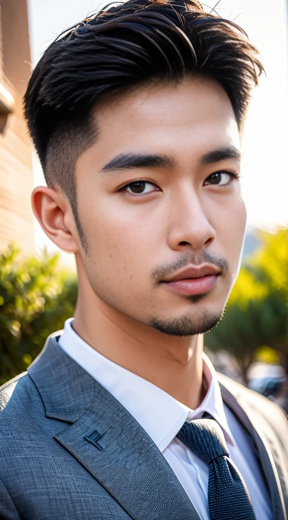 (realistically, Masterpiece, High resolution 8K, good light quality, Portrait, closed on face, complicated details), The most handsome Korean uncle., Beard,Age 40, Staring at desire, detailed face, Detailed eyes, look at the sky, shirt, suit lac suit,tick,黑Eyes, (Pale skin), body standards,brown hair, smooth hair,Big Back, Outdoor activities, evening, sunset,office room, Exaggerated, impersonal