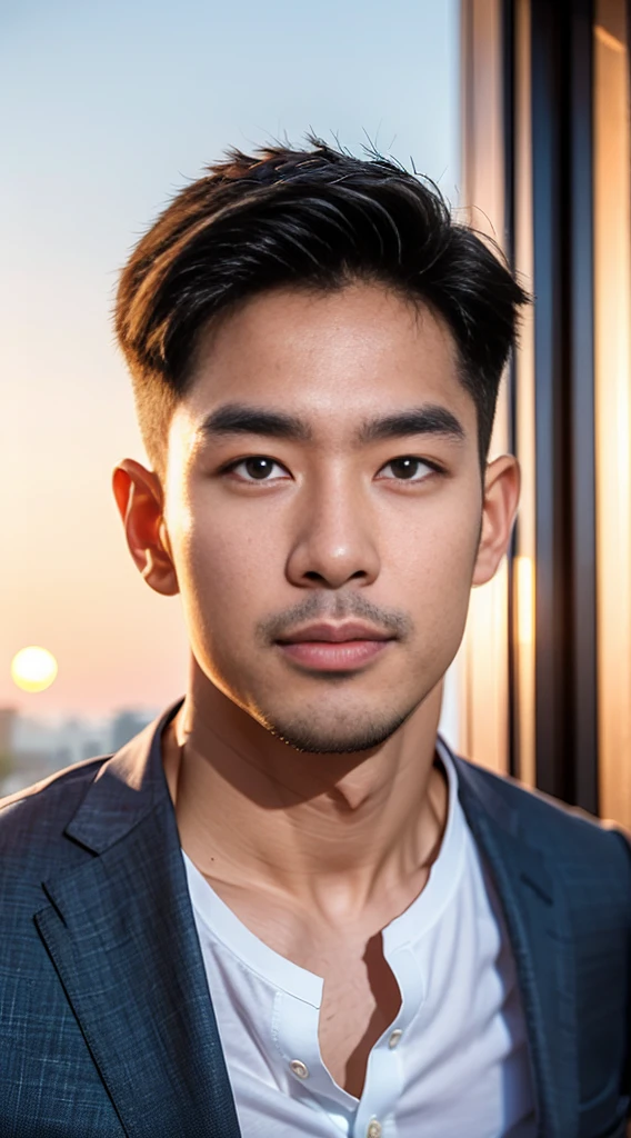 (realistically, Masterpiece, High resolution 8K, good light quality, Portrait, closed on face, complicated details), The most handsome Korean uncle., Beard,Age 40, Staring at desire, detailed face, Detailed eyes, look at the sky, shirt, suit lac suit,tick,黑Eyes, (Pale skin), body standards,brown hair, smooth hair,Big Back, Outdoor activities, evening, sunset,office room, Exaggerated, impersonal