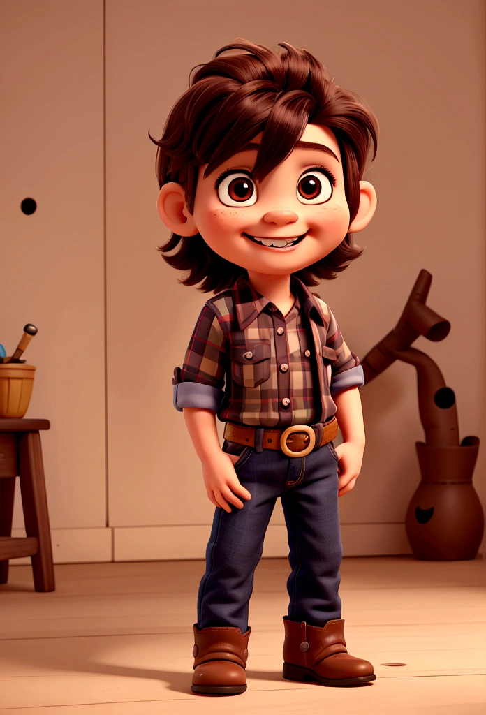 Cartoon character of a baby less than 1 year old, brown eyes and hair, The hair is straight, has a toothless smile with just two teeth, His cowboy clothes are a black plaid shirt and blue jeans., on the belt a buckle and a brown boot,