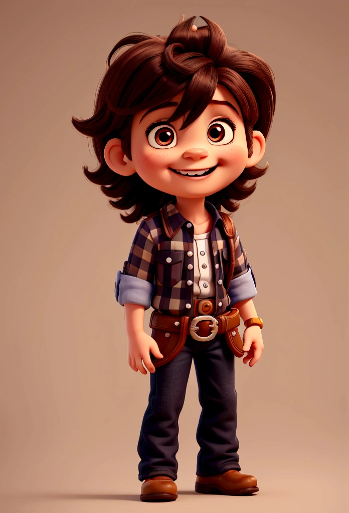 Cartoon character of a baby less than 1 year old, brown eyes and hair, The hair is straight, has a toothless smile with just two teeth, His cowboy clothes are a black plaid shirt and blue jeans., on the belt a buckle and a brown boot,