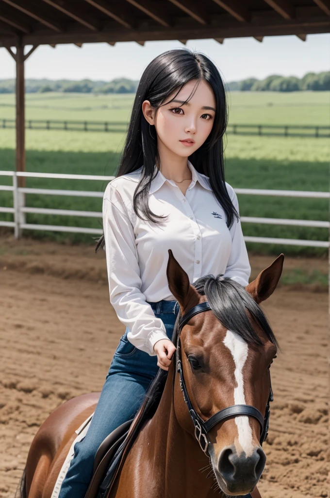 A girl with black hair on a farm with horse 4k