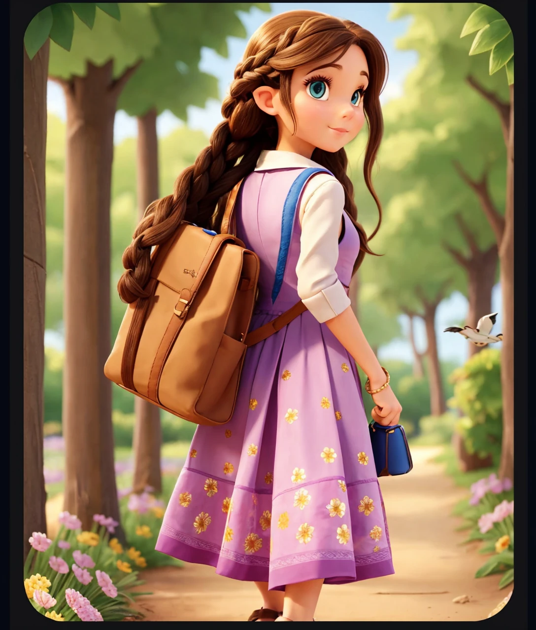 Elf woman, disney cartoon style, walking down a path by the beach, from behind in a long skirt with corset, curly brown hair in bun at nape of neck 