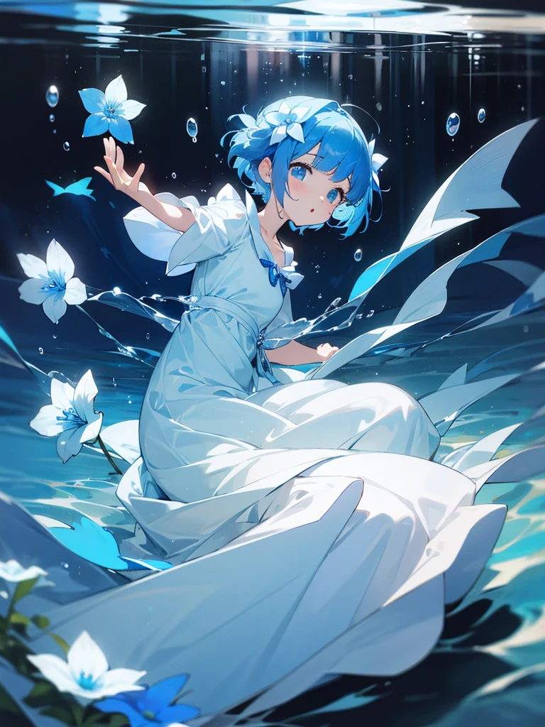 high resolution、highest image quality、blue hair、short hair、girl、one woman、cute、white dress、white dress、blue flower、頭にblue flower、Nemophila、beautiful、In the sea、(In the water)、Bubble、寝ている、((目を閉じる))、悲しい