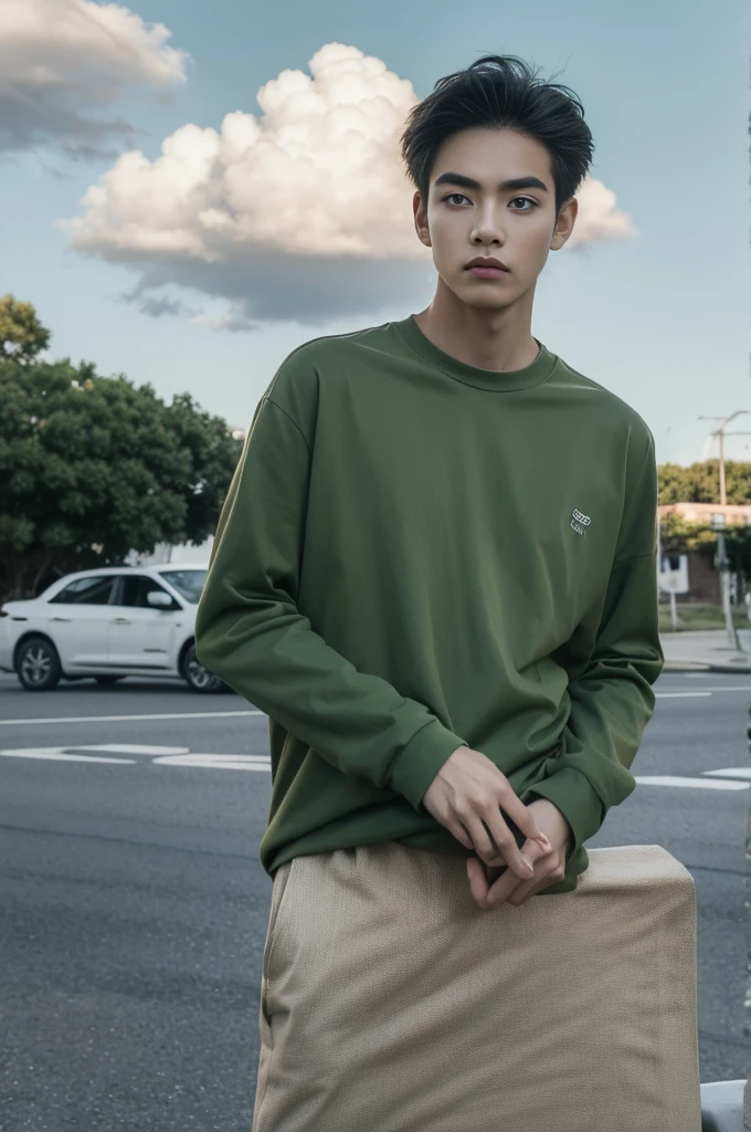 Young man in a green shirt Standing on the roadside with a serious expression, looking into the distance，Eyebrows frowned.，He looked worried.，Turn your head slightly.，Cloudy day, coffee shop