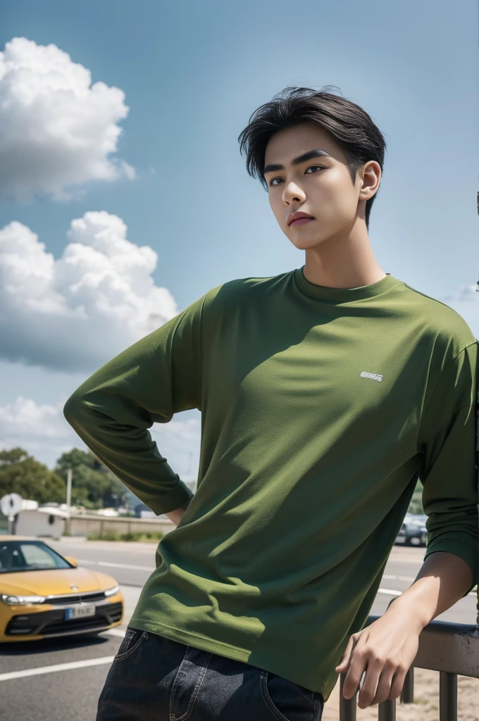 Young man in a green shirt Standing on the roadside with a serious expression, looking into the distance,Eyebrows frowned.,He looked worried.,Turn your head slightly.,Cloudy day, coffee shop