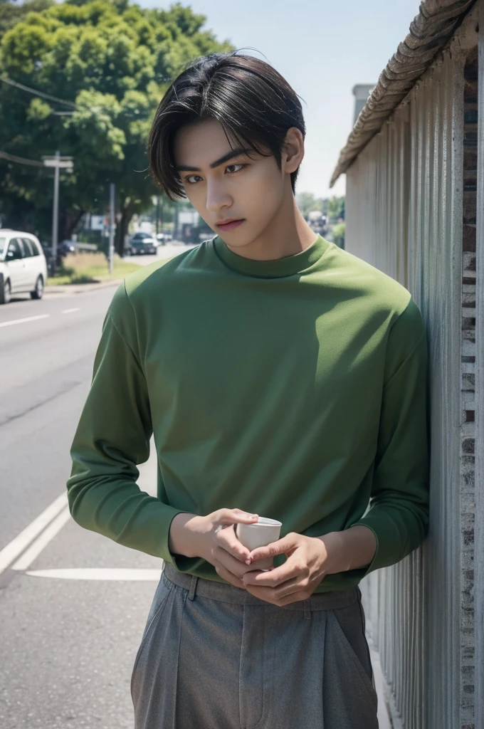 Young man in a green shirt Standing on the roadside with a serious expression, looking into the distance,Eyebrows frowned.,He looked worried.,Turn your head slightly.,Cloudy day, coffee shop