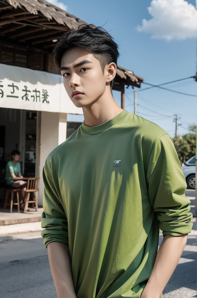Young man in a green shirt Standing on the roadside with a serious expression, looking into the distance，Eyebrows frowned.，He looked worried.，Turn your head slightly.，Cloudy day, coffee shop