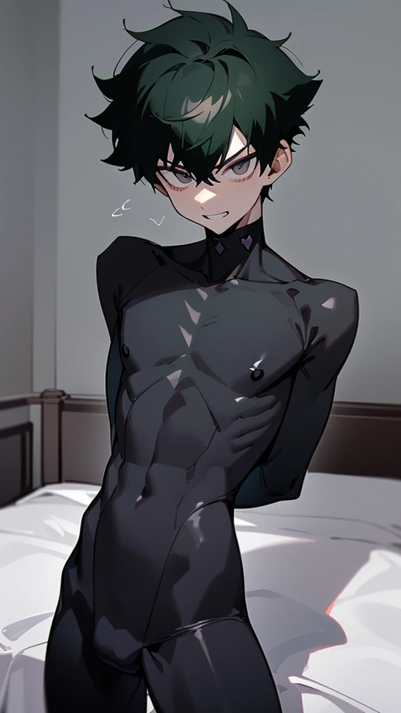 ,(((masterpiece))), ((((((best quality)))))),slim:1.3,(rubber:1.3),spandex:1.3,((pure black zentai:1.2)),(youthful physique:1.3), ((perfect body structure:1.4)),no muscle:1.3, protruding crotch, slender, balanced composition,((expressive lines:1.3)), minimalistic beauty,((Ebitendon:1.4)),(anime boy:1.3),wholesome,minimalistic,((anime style:1.4)), megaman,(tied to bed),white background:1.2,venom,((twink:1.4)),perfect face, ((finedetail)),(cinematic lighting),((8k_wallpaper)),(((highres))),,(short hair),((male:1.6)),(((male face:1.2))), The image depicts a young boy,
(((((male focus))))) ,1boy,boy,clear shape,((Asian boy)),(depth_of_field),((soft and clear lines)),grim, (evil grin:1.4),solo,(arms behind back:1.2),(black eye bags),solo,(black),horny, corruption,corrupted,villain, Dark, Sinister, Malevolent, Cruel, Ruthless, Vicious, Deceptive, Treacherous,Merciless, Sadistic, Malicious, Nefarious,Wicked, Insidious, Bags under eyes,((dark:1.2)),((male body:1.3)),(muscleless:1.2),jock,heavy breathing,caelus,midoriya izuku,dark hair,dark eyes,(blank eyes), manhwa uke, bettermalebody,