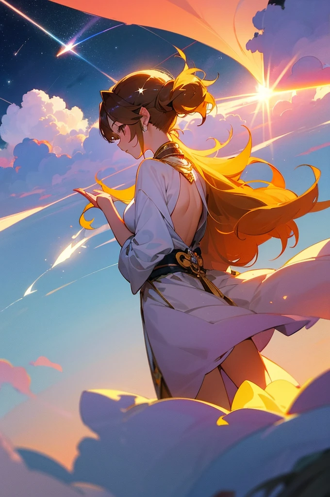 female、beautiful、白い goddess、evening、Above the Clouds、Back view、Sunset、shooting star