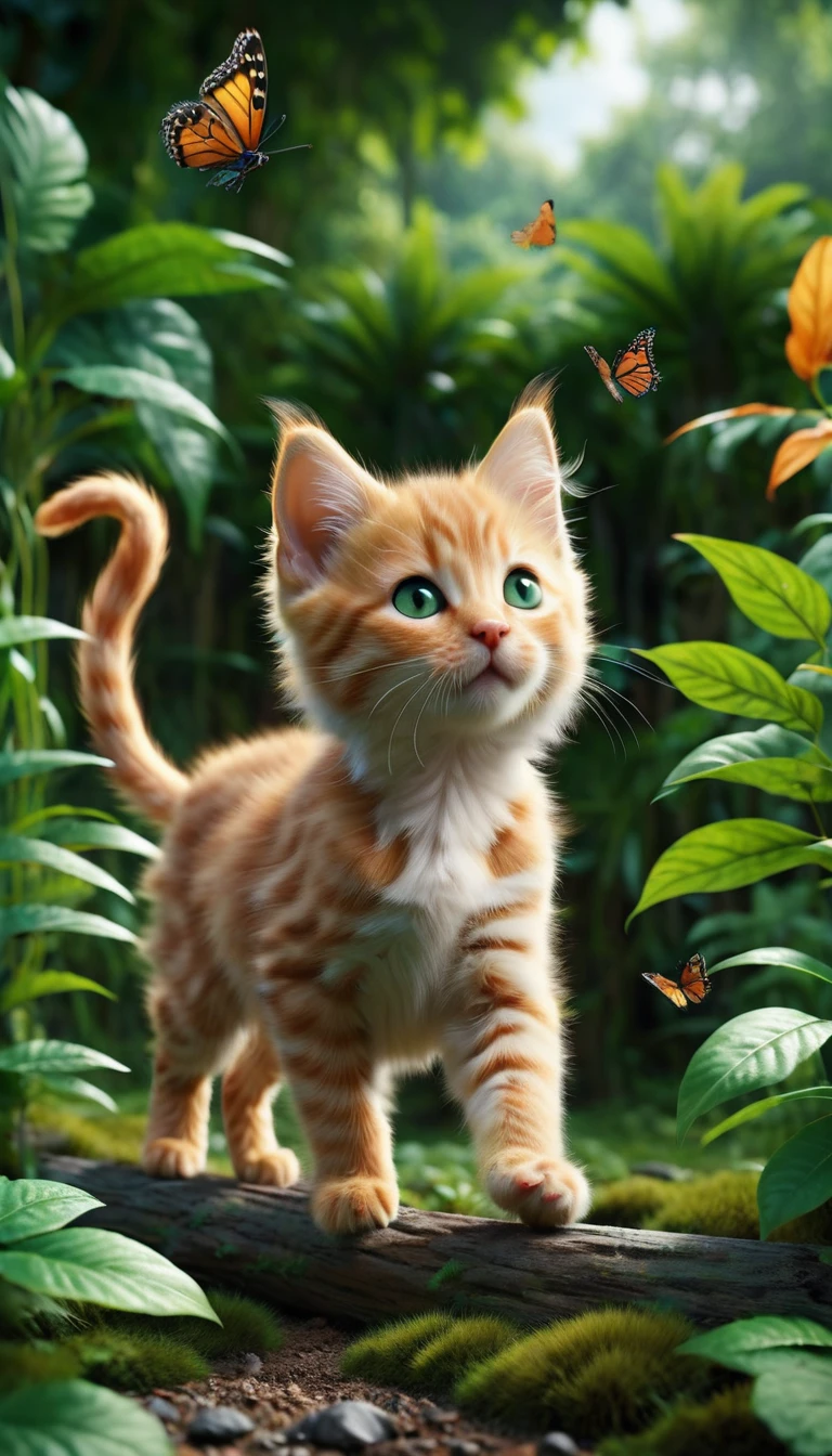 Focus on Whiskers, the orange tabby kitten with bright green eyes, as he leaps towards a colorful butterfly. His siblings, Midnight and Snowflake, are visible in the background, playing together. The jungle is thick with plants and vines, creating a sense of depth.