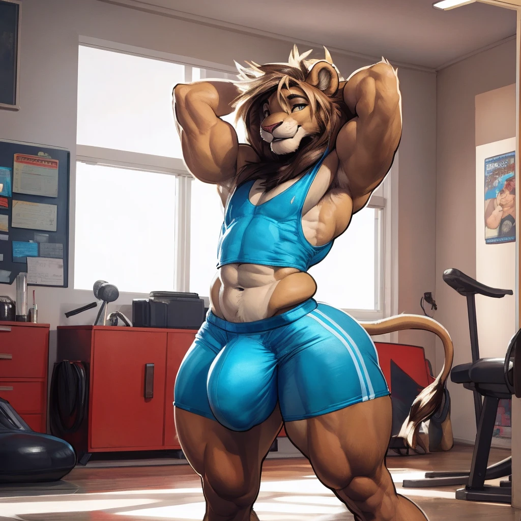 (by darkgem, by boosterpang, by duase, by BNG), solo focus, 1boy, male, lion boy, cute, girly, femboy, short boy, looking at viewer, smiling, happy, large muscular body, (hyper hips:1.3), (huge bulge), bulgeJ8, long hair, detailed eyes, lust, masterpiece, best quality, lycra shorts, white tank top, pink sneakers, standing upright, photorealistic, hyperrealistic, ultradetailed, detailed background, photo background, digital drawing (artwork), girly, bedroom eyes, (aerobics class), indoors, looking at viewer, stretching, hands behind head, (tail),