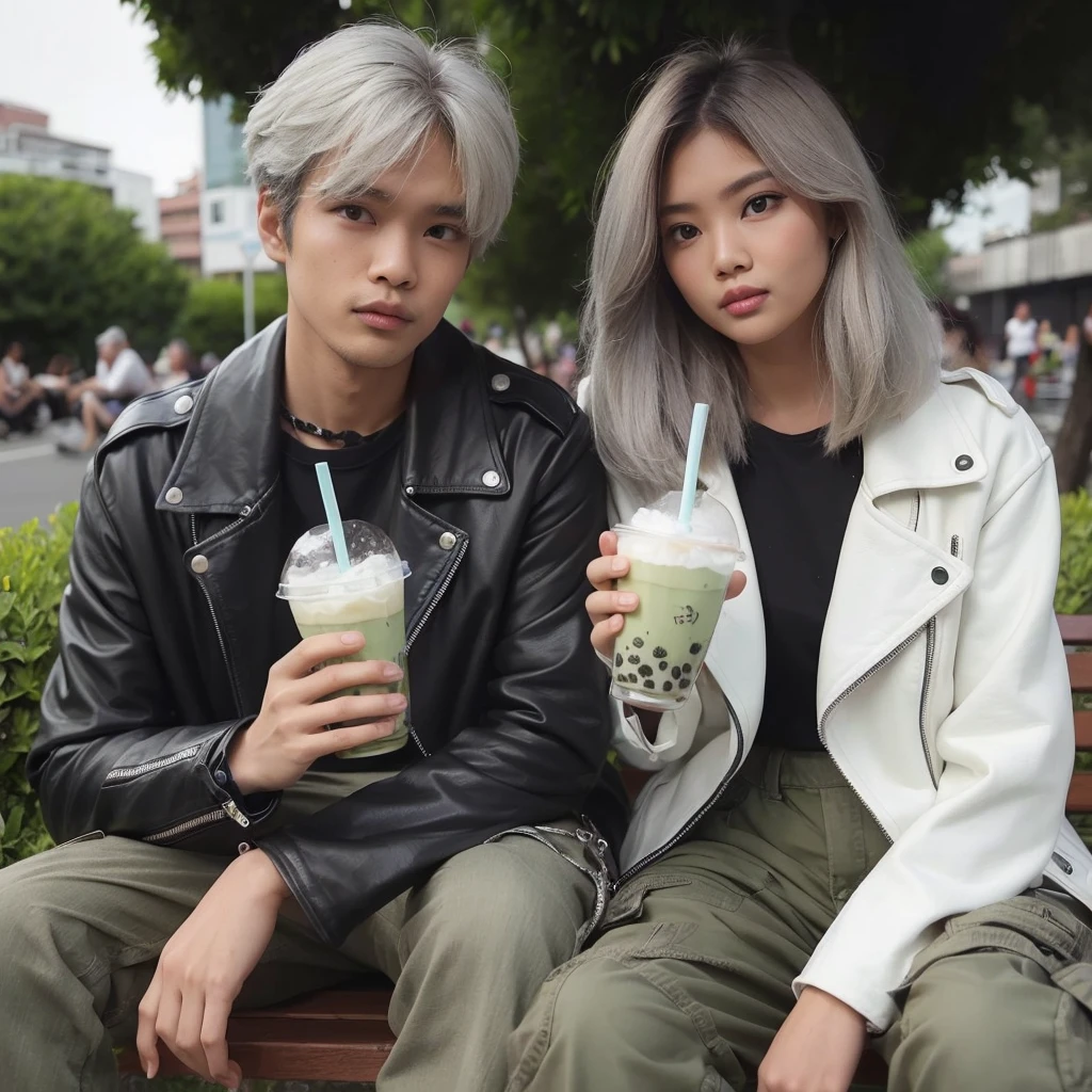 A pair of young Indonesian men and women, bright ash green hair, wearing black t-shirts and white leather jackets. short cargo pants sitting on a city park bench. I'm drinking iced cappocino boba.