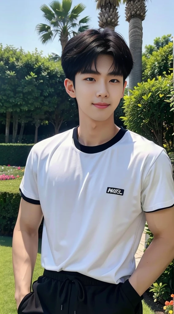 (As a matter of fact, Masterpiece, 8k HD, good light quality, sportswear, fit the face, complicated details), Handsome Korean young man, 20 years old, be happy, smile brightly, detailed face, delicate eyes, มองดูsky, Wear casual clothes, period, black eyes, Black hair color, ผมsmooth, smooth, outdoor sports, Along the garden, Sunny,sky,Surreal,Awesome details,Highest quality,real,