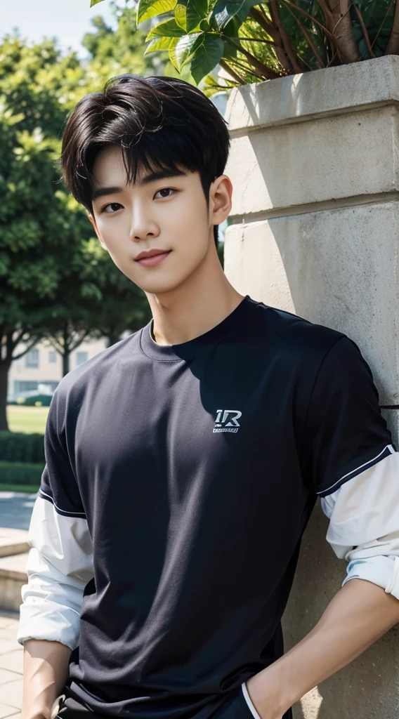 (As a matter of fact, Masterpiece, 8k HD, good light quality, sportswear, fit the face, complicated details), Handsome Korean young man, 20 years old, be happy, smile brightly, detailed face, delicate eyes, มองดูsky, Wear casual clothes, period, black eyes, Black hair color, ผมsmooth, smooth, outdoor sports, Along the garden, Sunny,sky,Surreal,Awesome details,Highest quality,real,