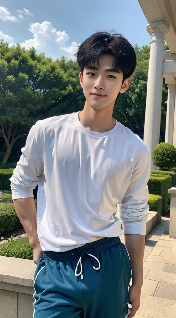 (As a matter of fact, Masterpiece, 8k HD, good light quality, sportswear, fit the face, complicated details), Handsome Korean young man, 20 years old, be happy, smile brightly, detailed face, delicate eyes, มองดูsky, Wear casual clothes, period, black eyes, Black hair color, ผมsmooth, smooth, outdoor sports, Along the garden, Sunny,sky,Surreal,Awesome details,Highest quality,real,