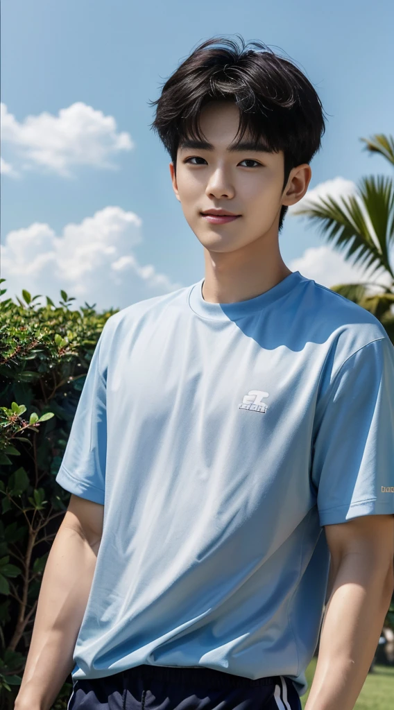 (As a matter of fact, Masterpiece, 8k HD, good light quality, sportswear, fit the face, complicated details), Handsome Korean young man, 20 years old, be happy, smile brightly, detailed face, delicate eyes, มองดูsky, Wear casual clothes, period, black eyes, Black hair color, ผมsmooth, smooth, outdoor sports, Along the garden, Sunny,sky,Surreal,Awesome details,Highest quality,real,