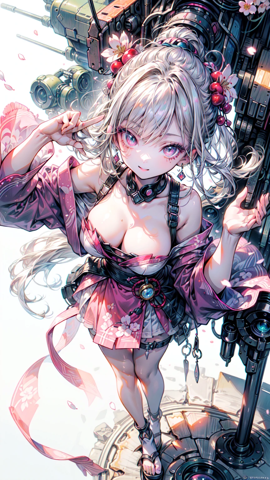 super high quality、8K quality、High resolution、Highest quality、(SFW)、Perfect Anatomy、(cherry blossoms🌸がテーマ）Oiranメカガール、Beautiful blonde 20 year old girl.Orange eyes、(Good shape、Normal chest、Cleavage)、3d realistic black machine parts、（Shoulders and one leg are exposed:1.2）(Rear mechanical unit)、Blake、(Wear a bright pink outfit、Long hem、Oiran:1.2)(Mechanical parts below the elbows and knees:1.3)Blake、（Perfect Anatomy:1.4）break(Cherry-blossom viewing、Raise one hand、avert your eyes:1.2)cherry blossoms々(渡月橋の周囲に舞うcherry blossomsの花びら:1.3)(Portrait Angle、Top View:1.3)、Blake、(Dark Elf), (1 Girl), alone, Perfect Face, Get used to it, Ahoge, ((Long Hair:1.2)), (Hair above one eye:1.3), [[Messy Hair]], Shiny blonde white hair, Purple eyes, Variegated eyes, Colorful Hair, Shining Eyes, (eyelash, eye shadow, pink eye shadow), bright, smile, Design Art：haruhiko mikimoto, by Kawashi, By Yoshitaka Amano, Dark Skin