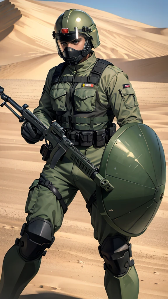 olive green armed guard with helmet and riot shield looking angry at me in desert