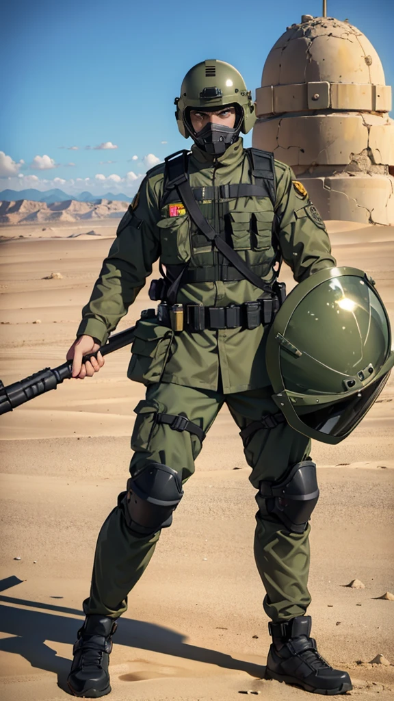 olive green armed guard with helmet and riot shield looking angry at me in desert