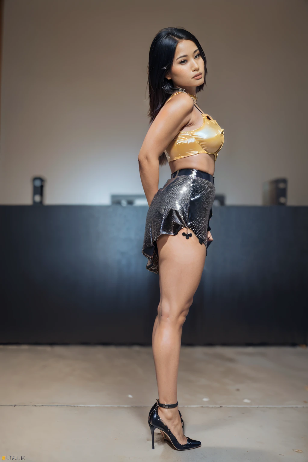masterpiece, high quality, ((pretty lady MoonLay)), long hair, grey eyes, (worn white sweater), ((black latex knee height stocking with garter belt connect:1.3)), (((black latex ultra short mini tight skirt:1.3))), stiletto high heels, ((seductive catwalking pose:1.8)), (full body side angle rear view:2), (slim waist and voluptuous figure body:1.3),(vibrant garden park background), ((cinematic star shaped bokeh background blur:1.5)),