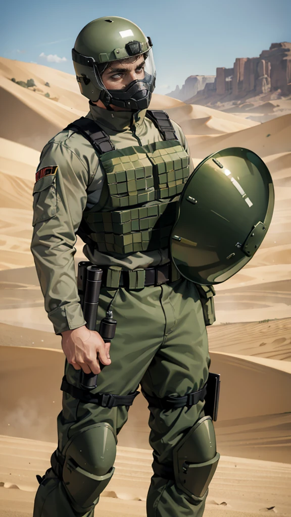 olive green armed guard with helmet and riot shield looking angry at me in desert