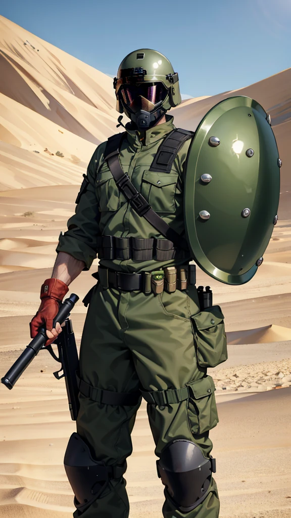 olive green armed guard with helmet and riot shield looking angry at me in desert