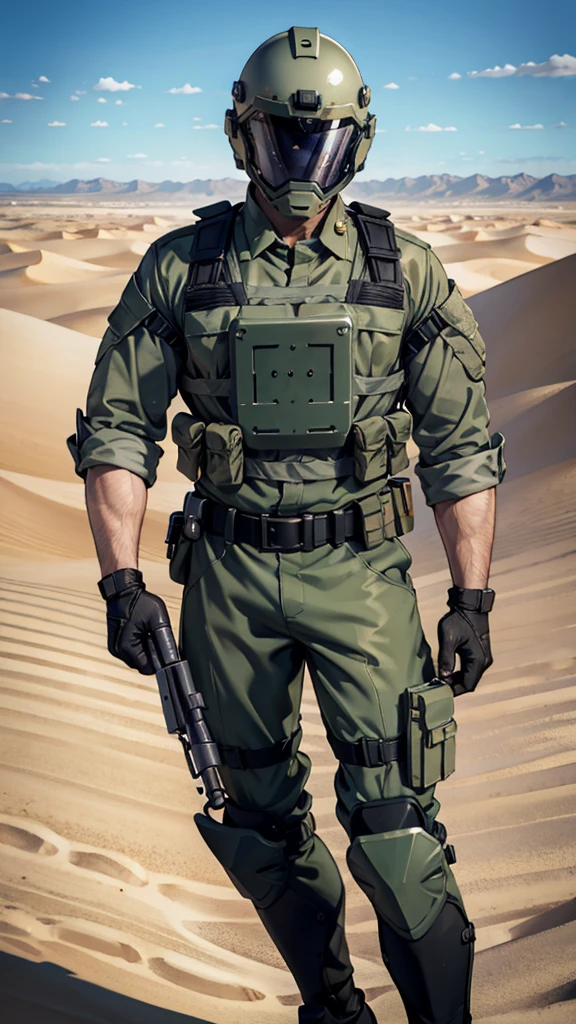 olive green armed guard with helmet and riot shield looking angry at me in desert