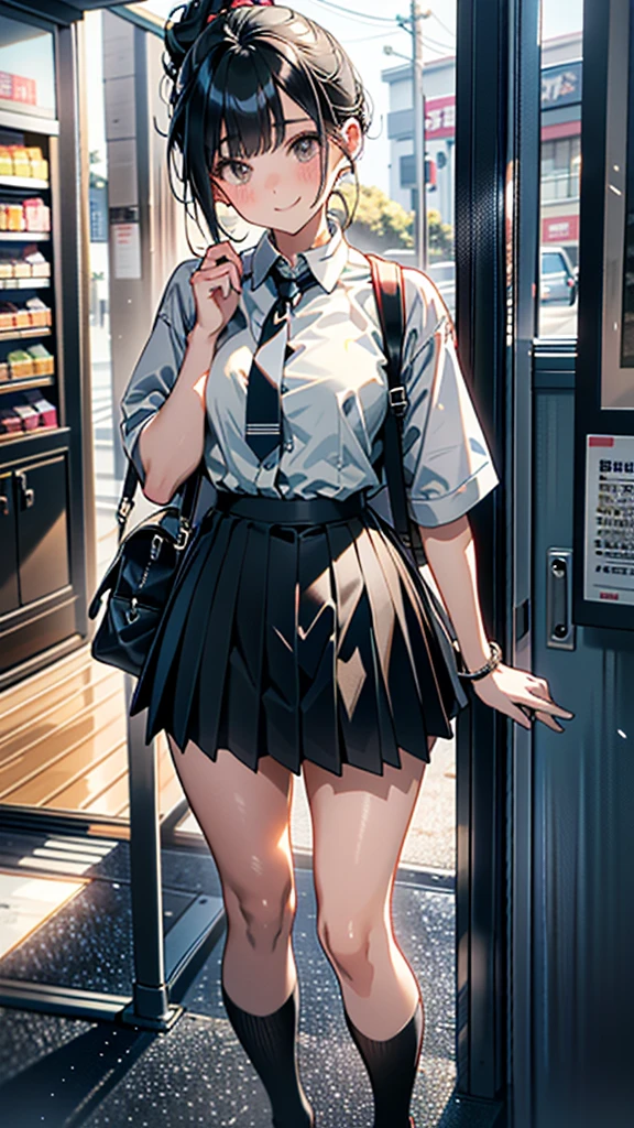 (8K, RAW Photos, 最high quality, masterpiece:1.2), high qualityのRAWカラー写真, Professional photo shoot, Cinematic Light, alone, (((young woman, Gal))), (Sharp features), (Small face), (Skin with attention to detail:1.2), clavicle, Cute face, Beautiful appearance, Long eyelashes,Girl Turning Around, smile, (Black Hair, Long straight line),  High School Uniform, loafers,Knit grey vest、 Backpack,  Night Park, Confident attitude, Capture the happy moment, Artistic painting,Attractive thighs, (A very fine touch:1.2),はにかんだsmile), Peaceful atmosphere, Oil painting style, Bright colors, (Are standing:1.5, Inside a convenience store, Full body portrait), Smooth texture, Gazing Eyes, Beautiful Skin, Shiny skin, ((Perfect Fingers, Five Fingers, Anatomically correct)), Background Blur, high quality, Surreal, ((Very detailed, photo shoot)),A large number of people、blush、plump、Black Hair、Tie-up hair、ponytail、mini skirt、heavy rain、、((チェック柄のmini skirt))、Checkered pleated skirt、Skirt Lift、Showing sexy panties、Thick legs、high resolution、Open Shirt Lift、Showing off your bra