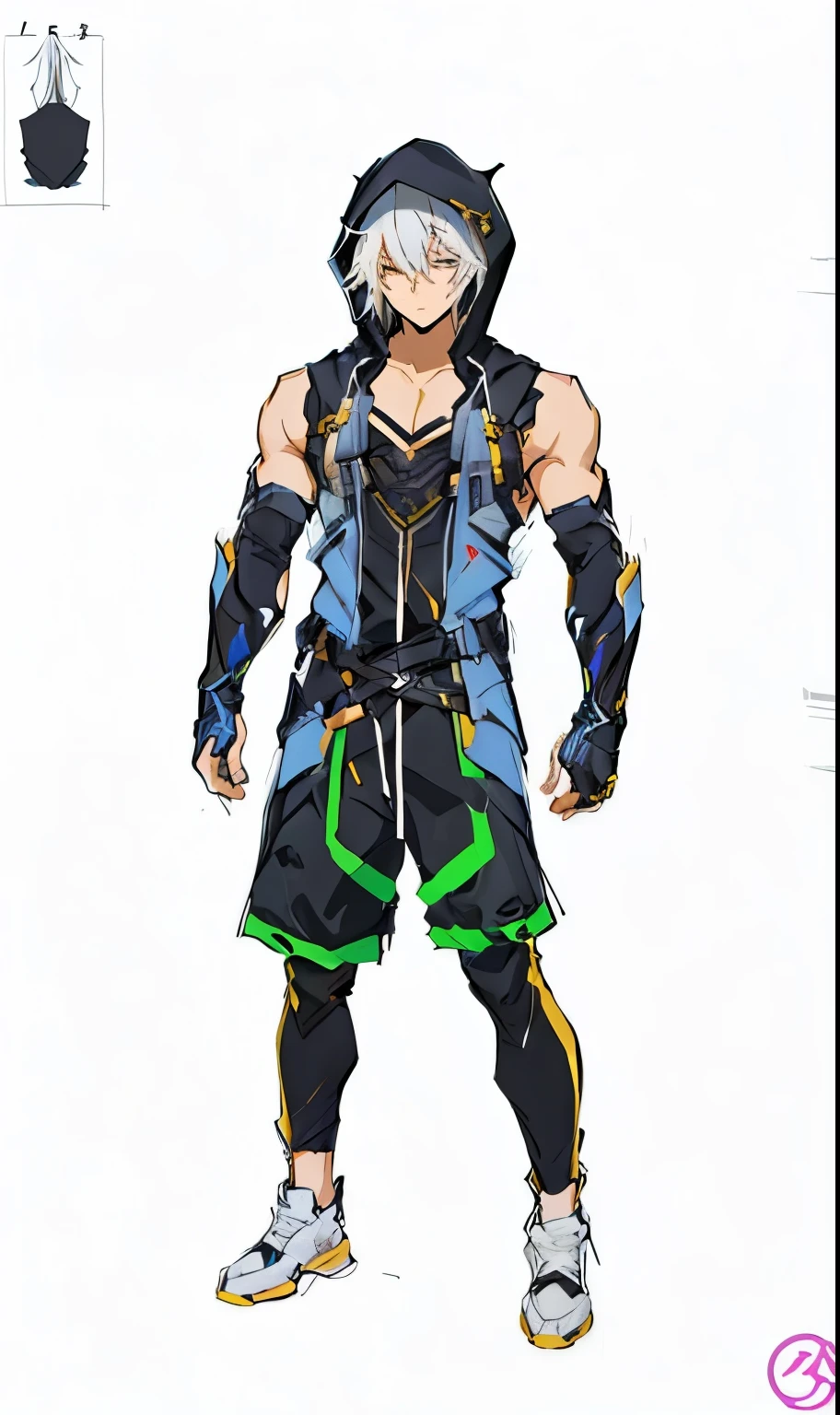 drawing of a person with a hood and a pair of shoes, anime style character, full body concept, full body character drawing, !!full - length portrait!!, adoptable full body, new fantasy concept design, vtuber anime full body model, full body character concept, single character full body, full body with costume, anime full body illustration, very modern anime style. Bblack hair