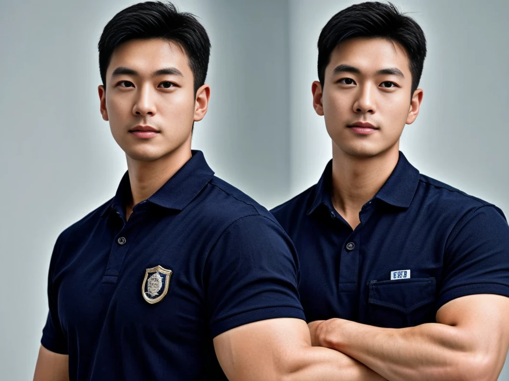 A male police officer in his 20s poses for a group photo., Wear a navy blue polo shirt., high resolution, Masterpiece, best quality, head:1.3,, Smooth and fine skin, clear focus, (movie light), during the night, gentle light, Dynamic angle, (detailed face:1.2), (((exercise))), sport, His arm muscles were very big., hand in crotch, in his office