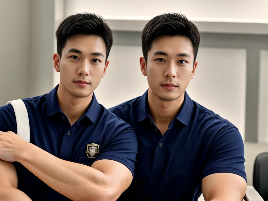 A male police officer in his 20s poses for a group photo., Wear a navy blue polo shirt., high resolution, Masterpiece, best quality, head:1.3,, Smooth and fine skin, clear focus, (movie light), during the night, gentle light, Dynamic angle, (detailed face:1.2), (((exercise))), sport, His arm muscles were very big., hand in crotch, in his office