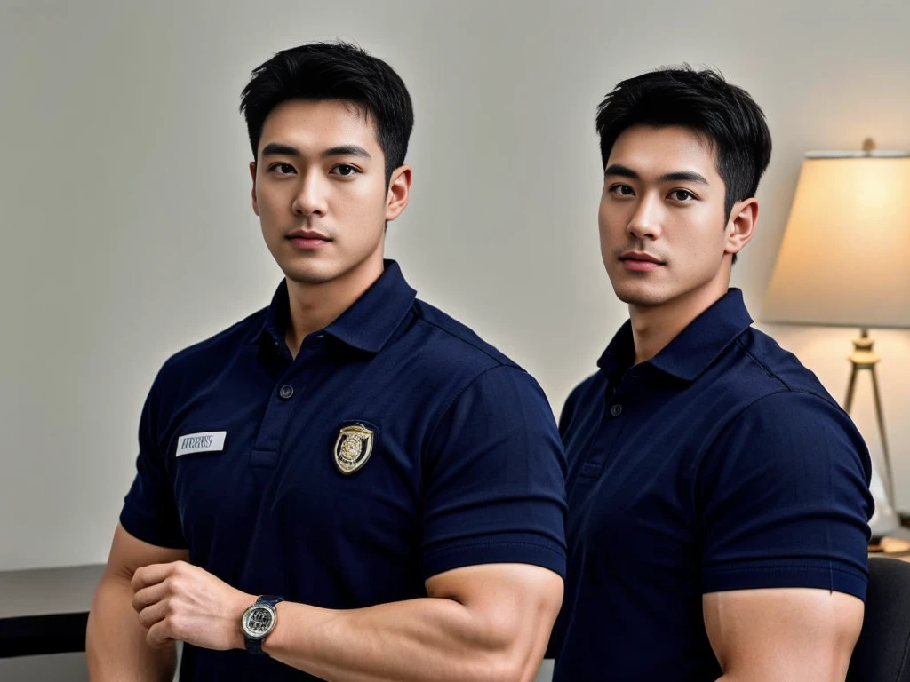 A male police officer in his 20s poses for a group photo., Wear a navy blue polo shirt., high resolution, Masterpiece, best quality, head:1.3,, Smooth and fine skin, clear focus, (movie light), during the night, gentle light, Dynamic angle, (detailed face:1.2), (((exercise))), sport, His arm muscles were very big., hand in crotch, in his office