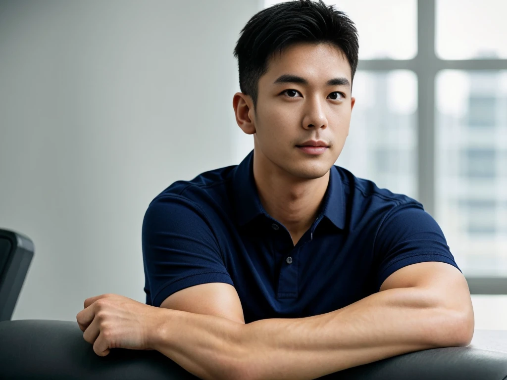 A male police officer in his 20s poses for a group photo., Wear a navy blue polo shirt., high resolution, Masterpiece, best quality, head:1.3,, Smooth and fine skin, clear focus, (movie light), during the night, gentle light, Dynamic angle, (detailed face:1.2), (((exercise))), sport, His arm muscles were very big., hand in crotch, in his office