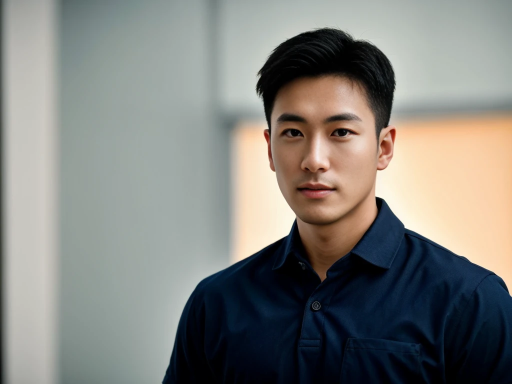 A male police officer in his 20s poses for a group photo., Wear a navy blue polo shirt., high resolution, Masterpiece, best quality, head:1.3,, Smooth and fine skin, clear focus, (movie light), during the night, gentle light, Dynamic angle, (detailed face:1.2), (((exercise))), sport, His arm muscles were very big., hand in crotch, in his office
