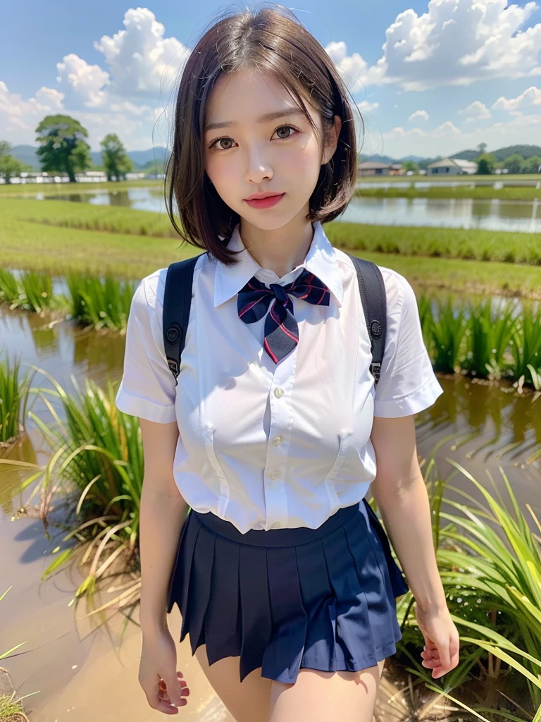 ((Best of the highest quality, 8k, Masterpiece, raw photo: 1.2)), (Sharp focus: 1.2), (1 AESPA, slim body type female, 21 y/o: 1.1), (solo: 1.28), (realistic, photo-realistic:1.37), face focus, cute face, finely eyes, (droopy eyes: 1.32), (Emphasize prominent aegyo-sal with bright: 1.2), shimmering eyeshadow applied under the lower lash line, paired with thick, (small breasts, flat chest, Thigh: 1.3), (short bob hair: 1.28), (neat bra, school uniform skirt: 1.32), walking in rice field, paddy field, flower, (from below: 1.12)
