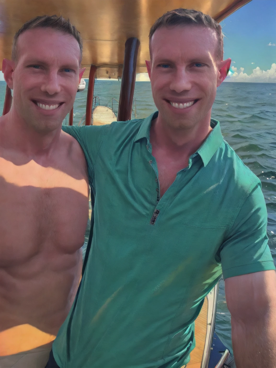 a handsome man, Todder8, Todder1 short hair, perfect facial features, RAW, UHD, 8K, looking at camera, on a yacht at sea, vacation photography, island paradise, colorful Hawaiian shirt, photorealistic, dynamic lighting, perfect day, [smiling]